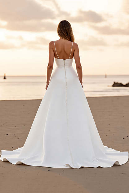 Satin A Line Spaghetti Straps White Sweep Train Wedding Dress with Slit