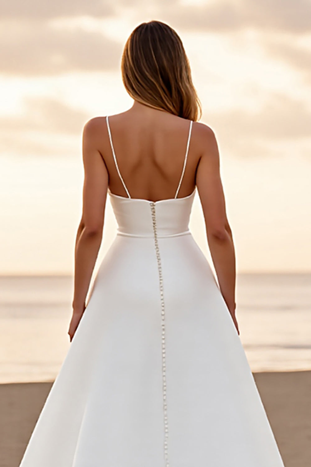 Satin A Line Spaghetti Straps White Sweep Train Wedding Dress with Slit