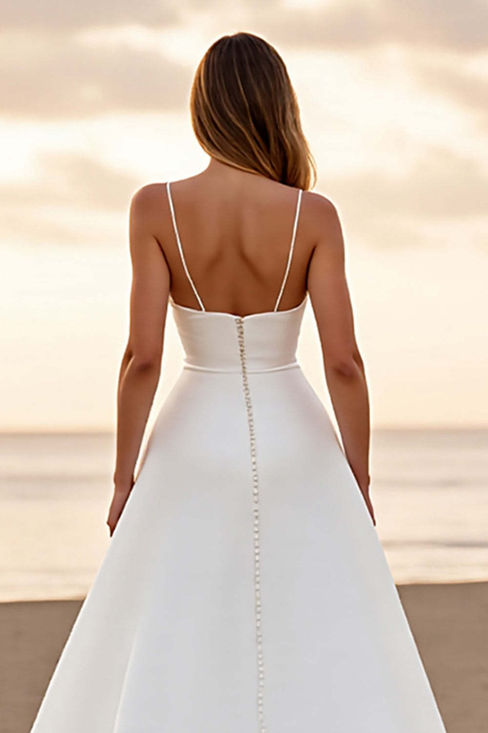 Satin A Line Spaghetti Straps White Sweep Train Wedding Dress with Slit