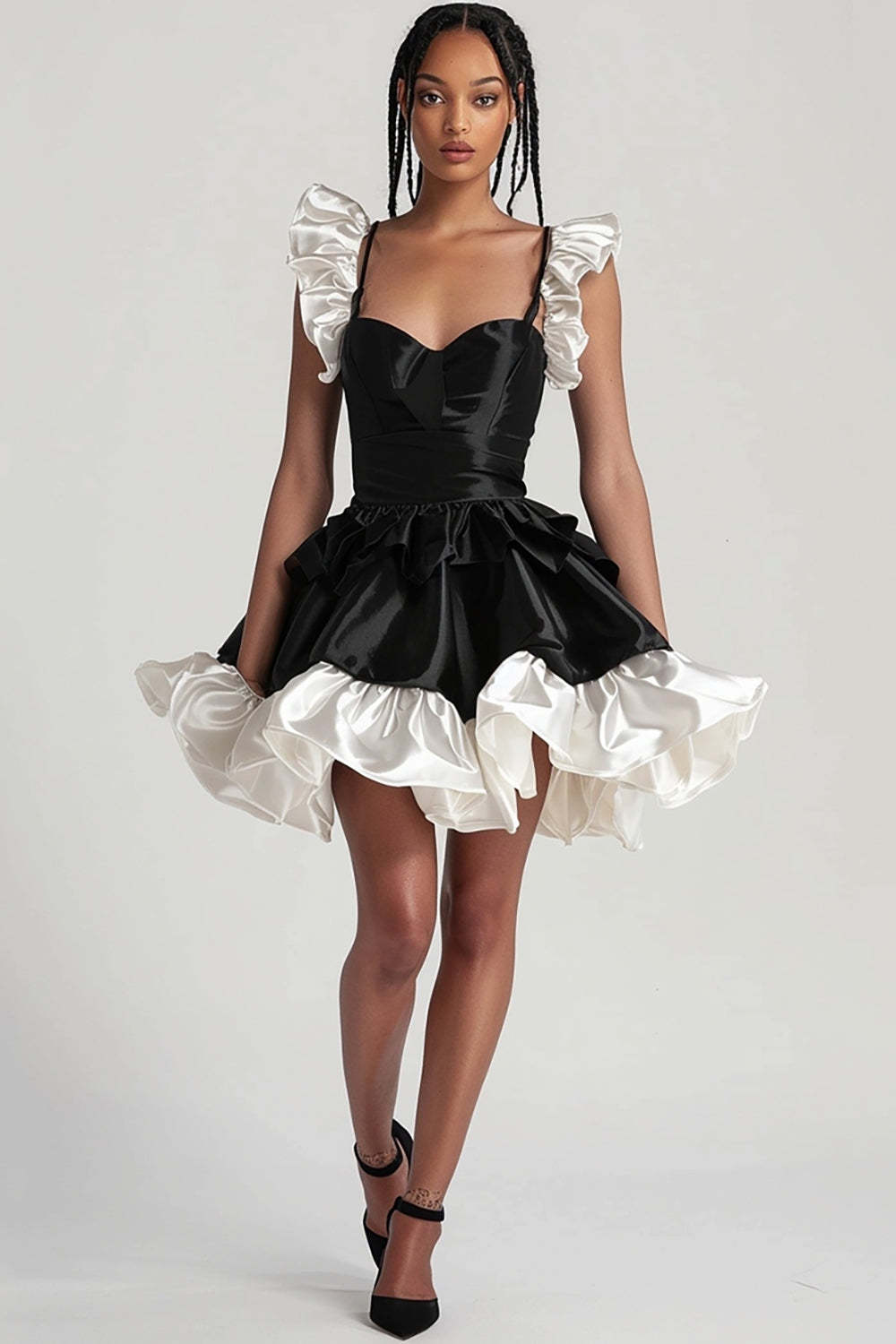 Leely Women Cute Black Satin Short Cocktail Dress with Ruffles Tiered Spaghetti Straps A Line Party Dress