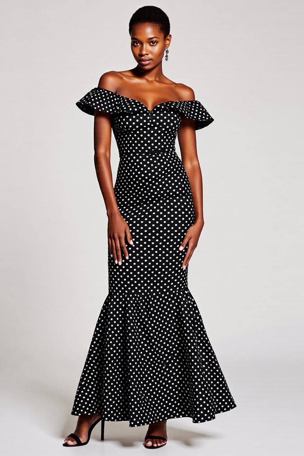 Mermaid Black and White Off the Shoulder Maxi Polka Dot Dress