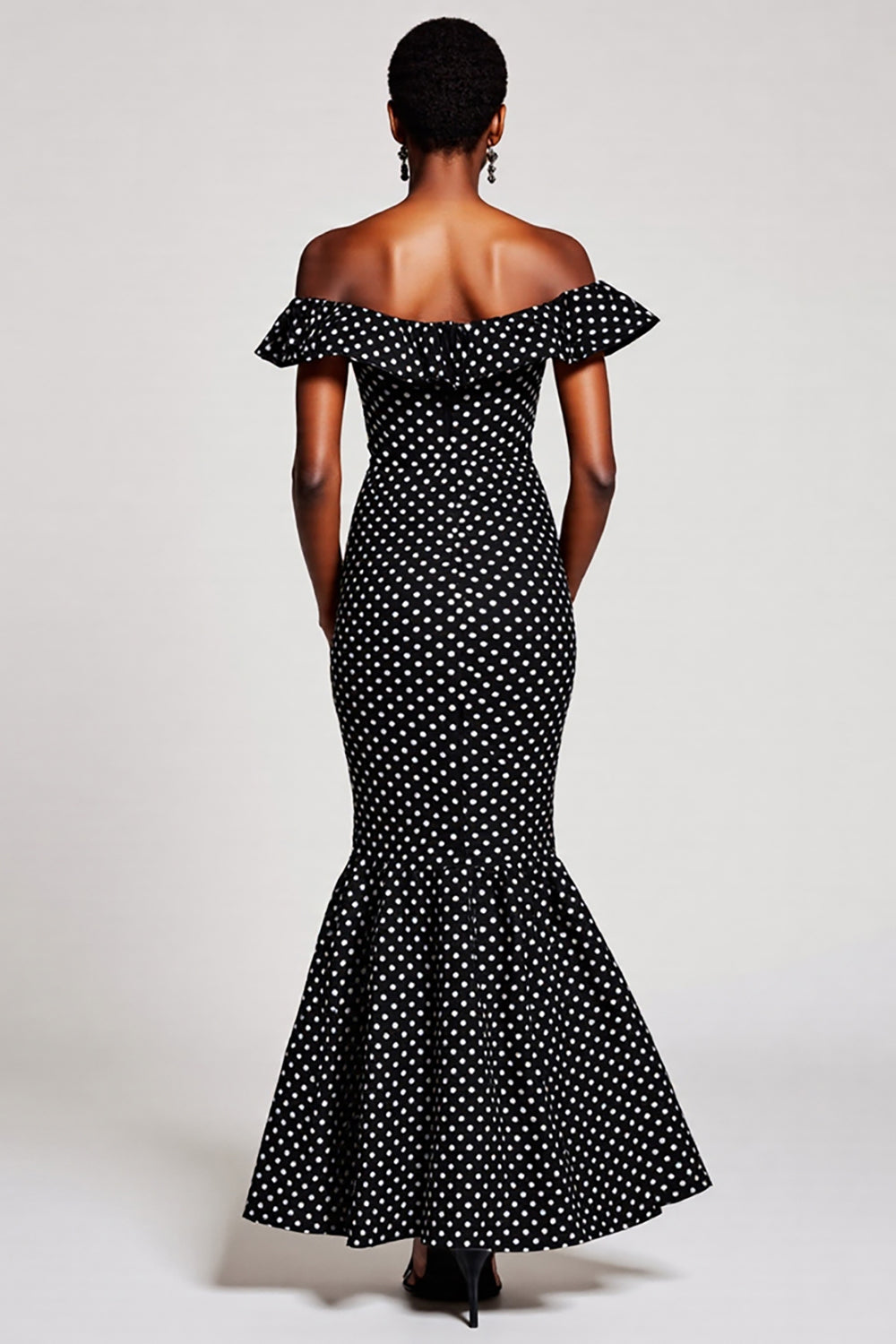 Mermaid Black and White Off the Shoulder Maxi Polka Dot Dress