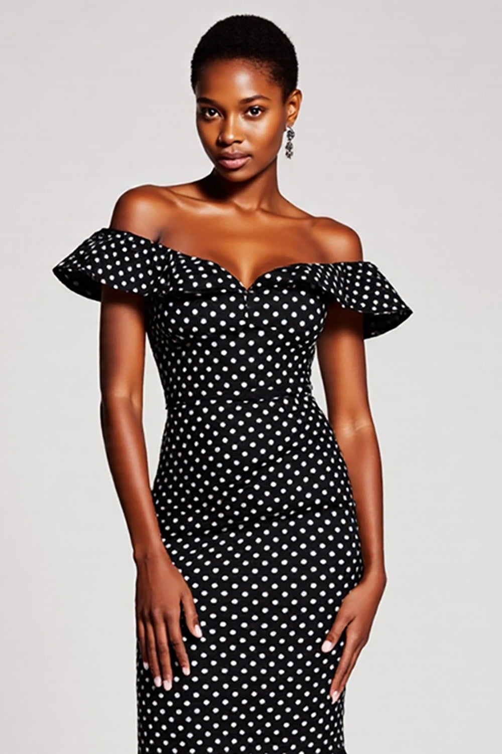 Mermaid Black and White Off the Shoulder Maxi Polka Dot Dress