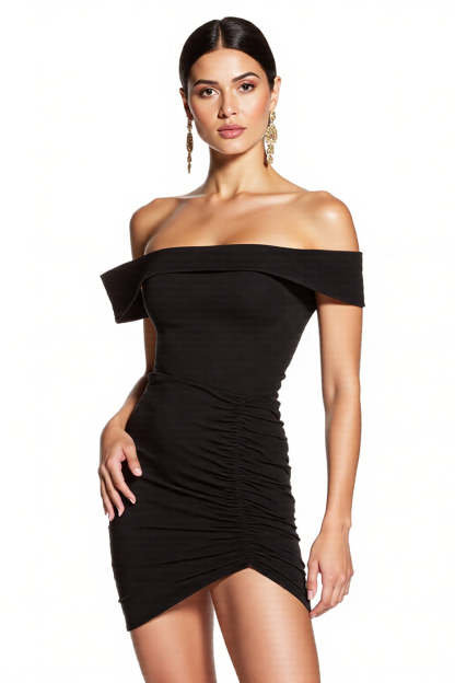Leely Women Black Tight Mini Cocktail Dress Ruched Off the Shoulder Little Black Dress