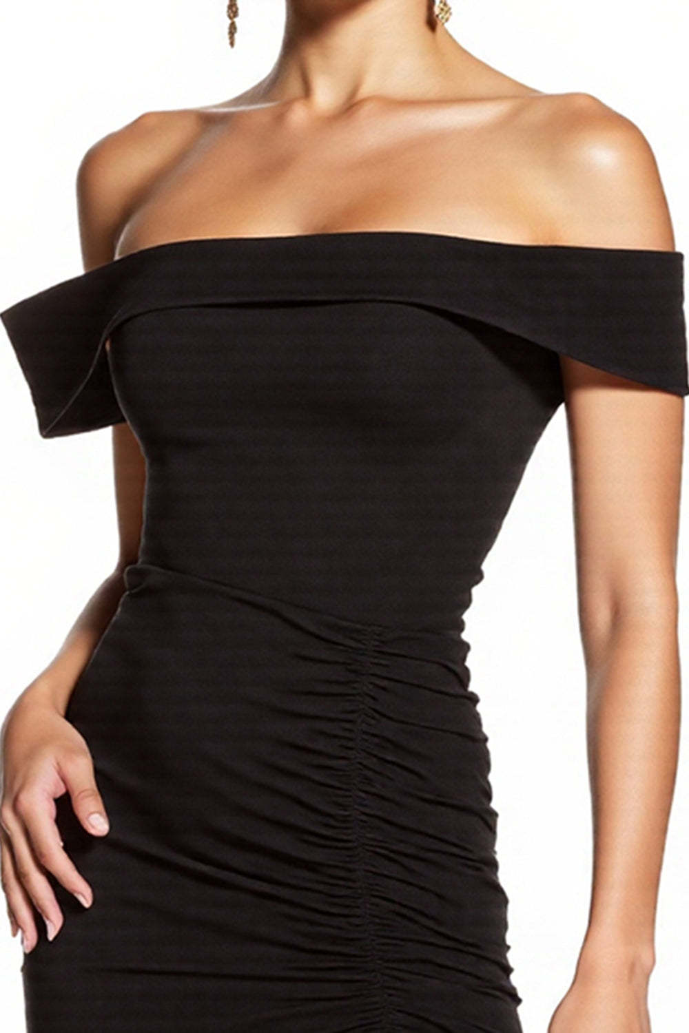 Black Ruched Off the Shoulder Tight Mini Cocktail Dress