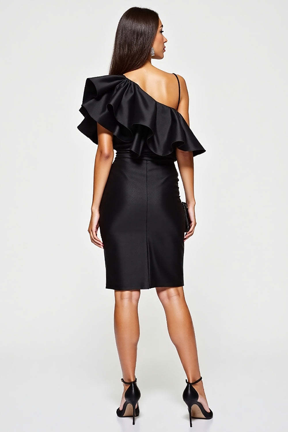Tight Black One Shoulder Short Cocktail Dress with Ruffles