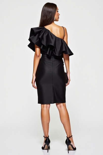 Tight Black One Shoulder Short Cocktail Dress with Ruffles