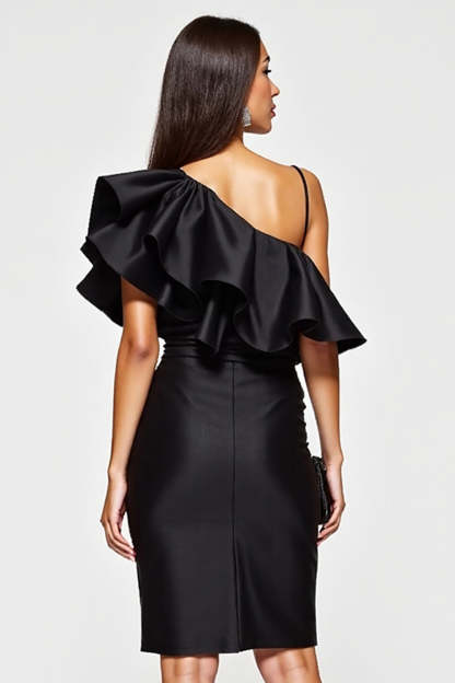 Tight Black One Shoulder Short Cocktail Dress with Ruffles