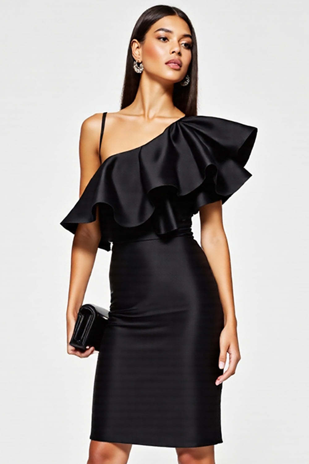 Tight Black One Shoulder Short Cocktail Dress with Ruffles