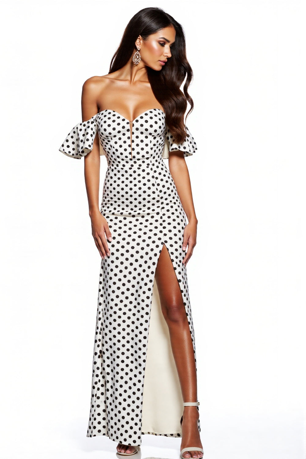 Black and White Maxi Sheath Ruffled Polka Dot Dress with Slit
