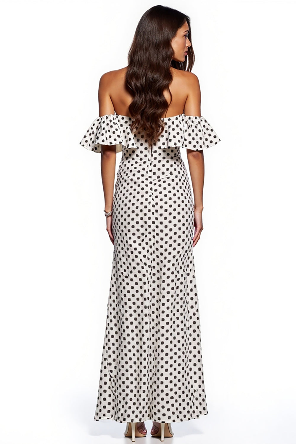 Black and White Maxi Sheath Ruffled Polka Dot Dress with Slit