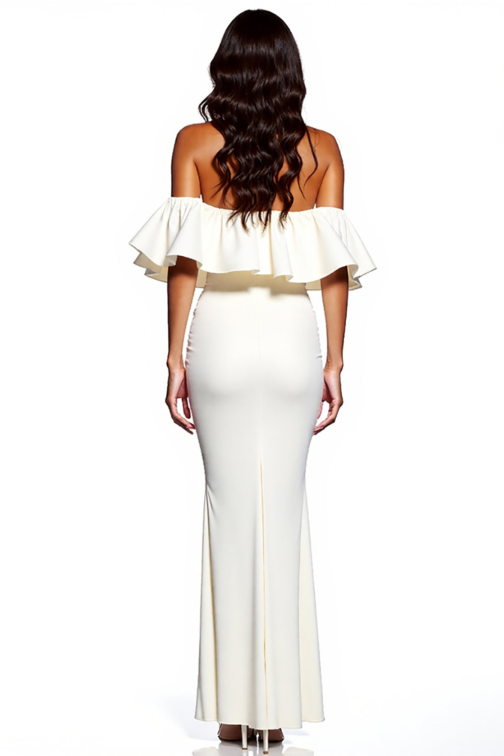 White Off the Shoulder Ruffled Sheath Satin Maxi Formal Dress with Slit