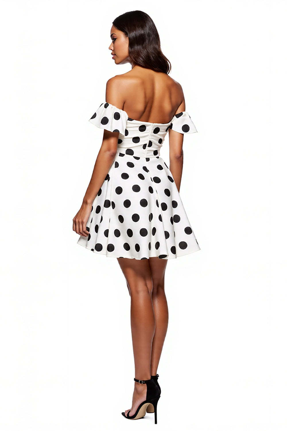 White and Black Off the Shoulder Short A Line Polka Dot Dress with Ruffles
