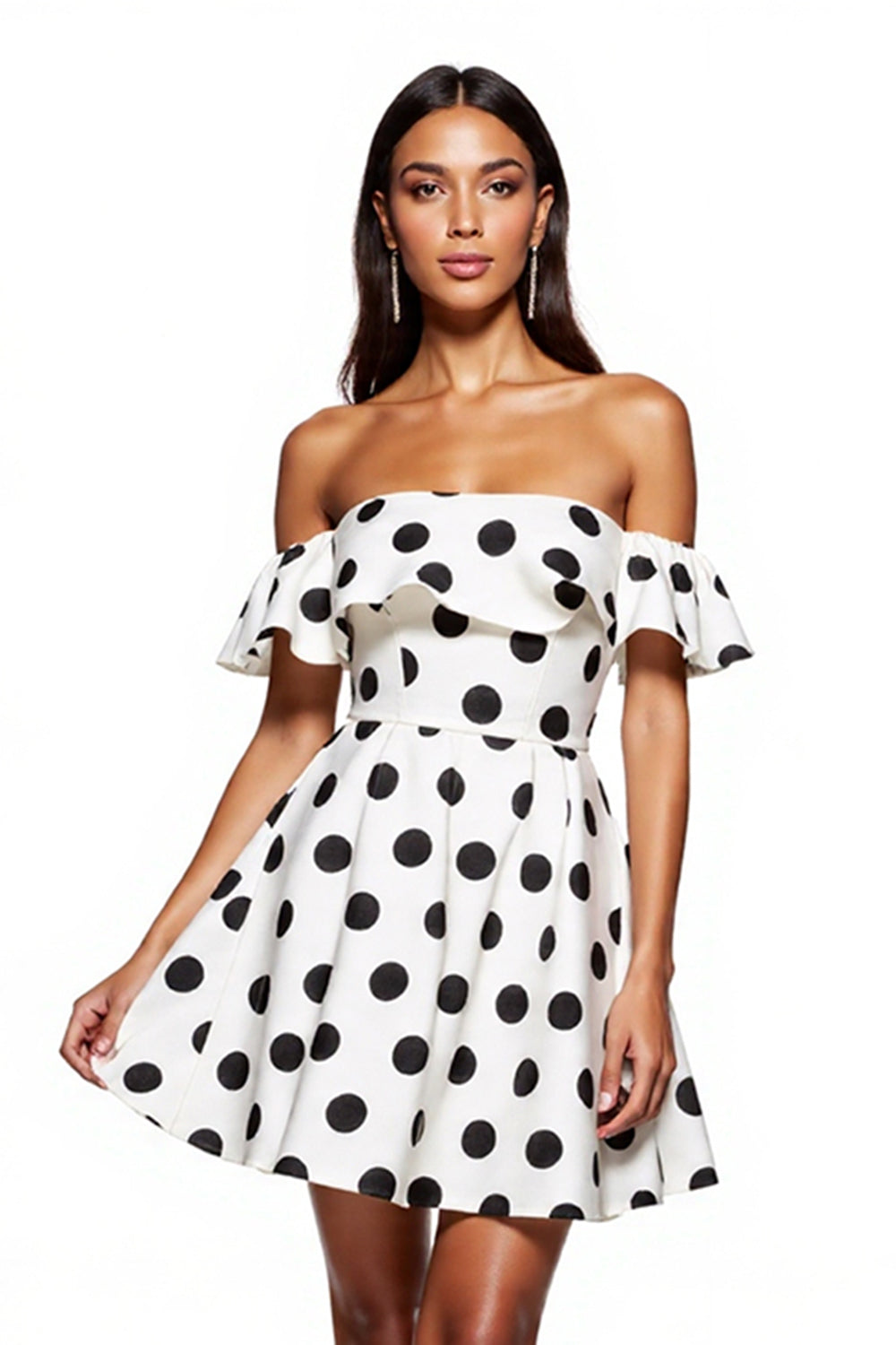 White and Black Off the Shoulder Short A Line Polka Dot Dress with Ruffles