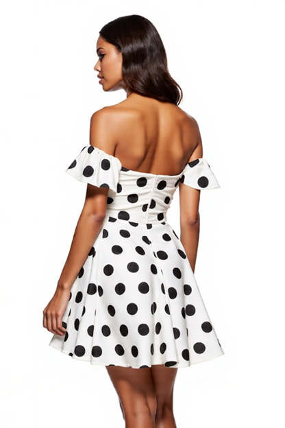 White and Black Off the Shoulder Short A Line Polka Dot Dress with Ruffles