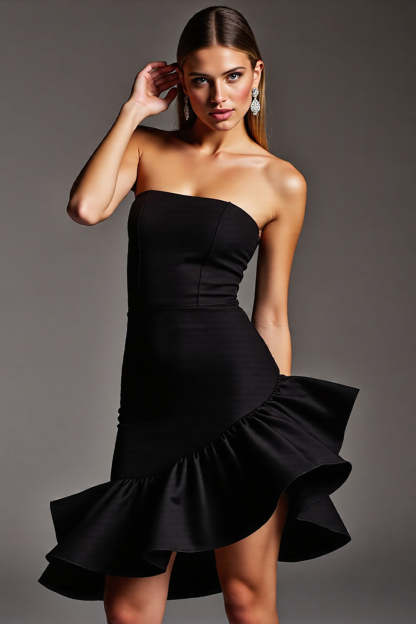 Leely Women Black Tight Short Cocktail Dress with Ruffles Satin Strapless Party Dress