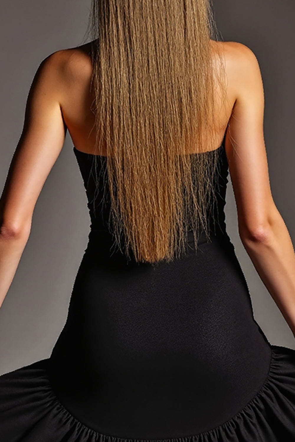Tight Short Black Strapless Satin Cocktail Dress with Ruffles