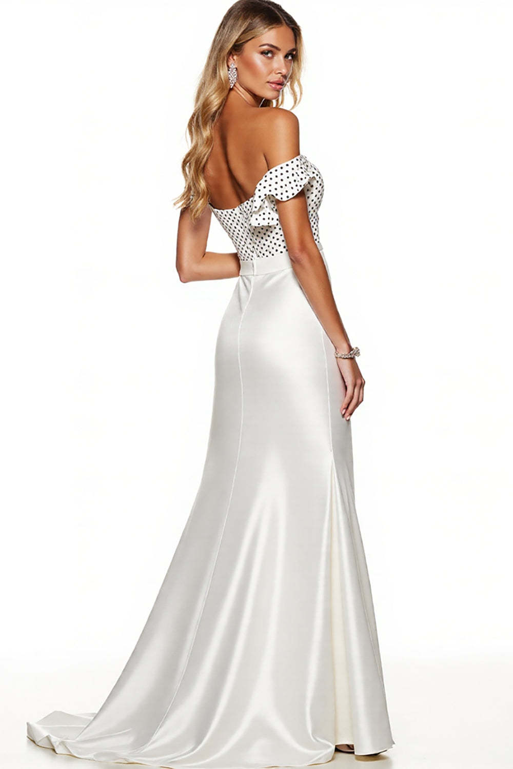 Elegant White Sheath Polka Dots Maxi Satin Formal Dress with Slit