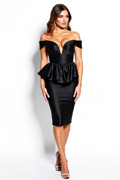 Leely Women Black Corset Midi Satin Cocktail Dress with Ruffles Bodycon Off the Shoulder Party Dress
