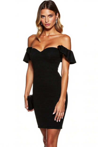 Leely Women Black Short Sexy Cocktail Dress Off the Shoulder Tight Little Black Dress with Ruffles