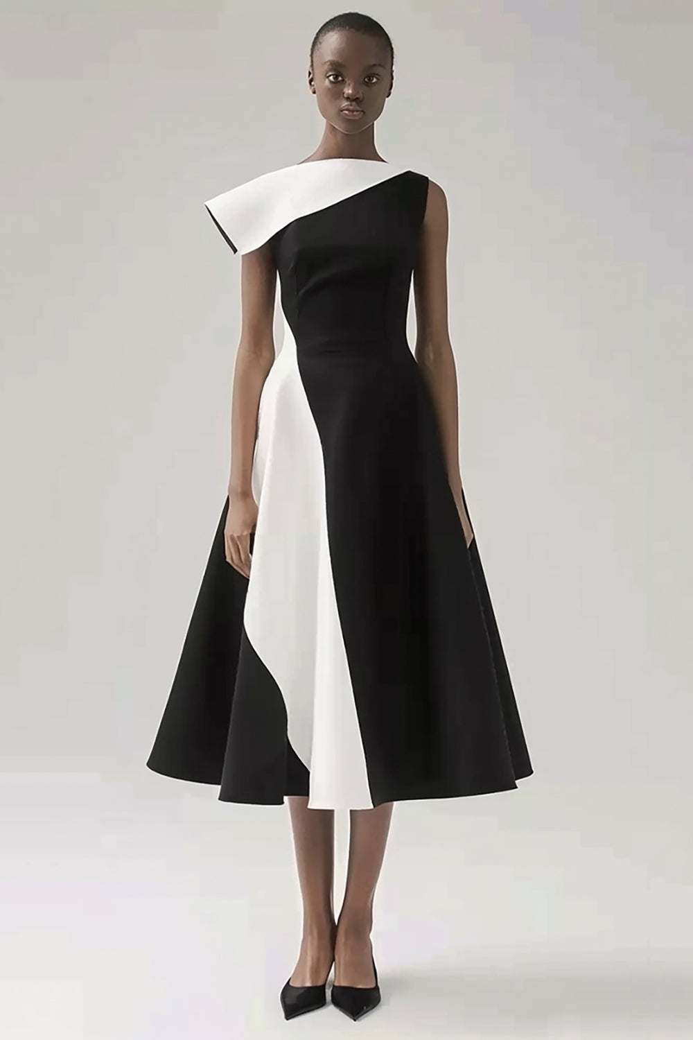Black and White Patchwork A Line Midi Black Tie Dress