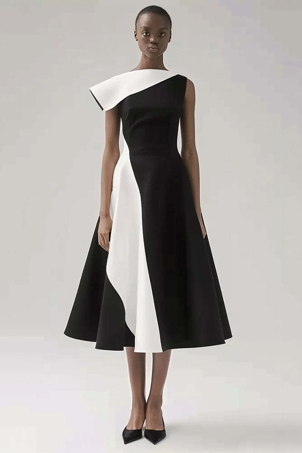 Leely Women Black and White Patchwork Satin Midi Black Tie Dress A Line Satin Asymmetrical Neck Formal Dress