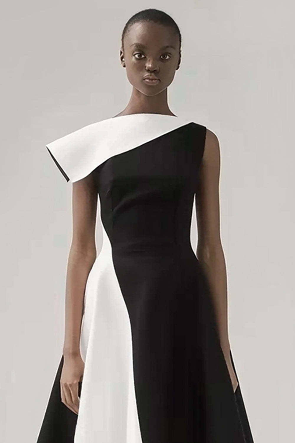 Black and White Patchwork A Line Midi Black Tie Dress