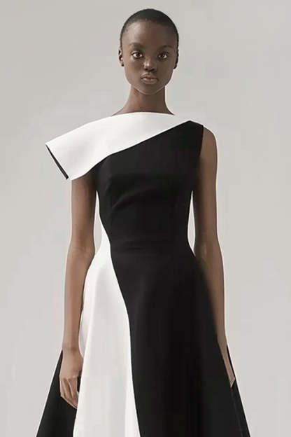 Black and White Patchwork A Line Midi Black Tie Dress