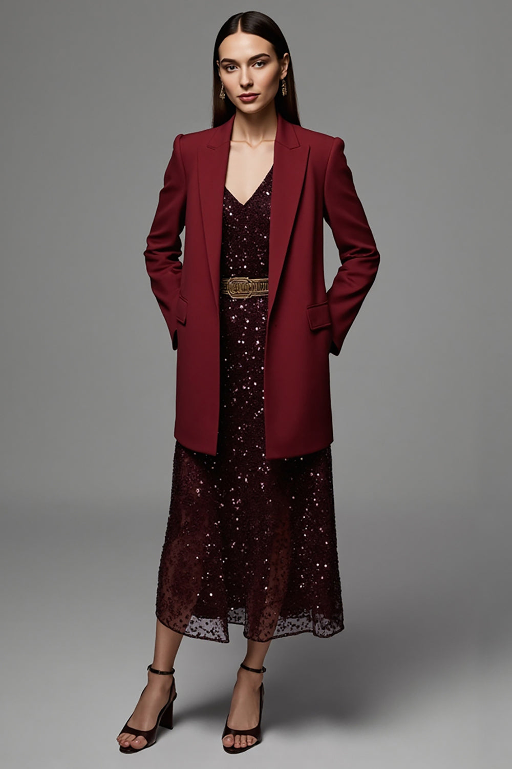 Leely Women Burgundy Peak Lapel Maxi Women Work Blazer with Pockets Long Sleeves Satin Business Jacket