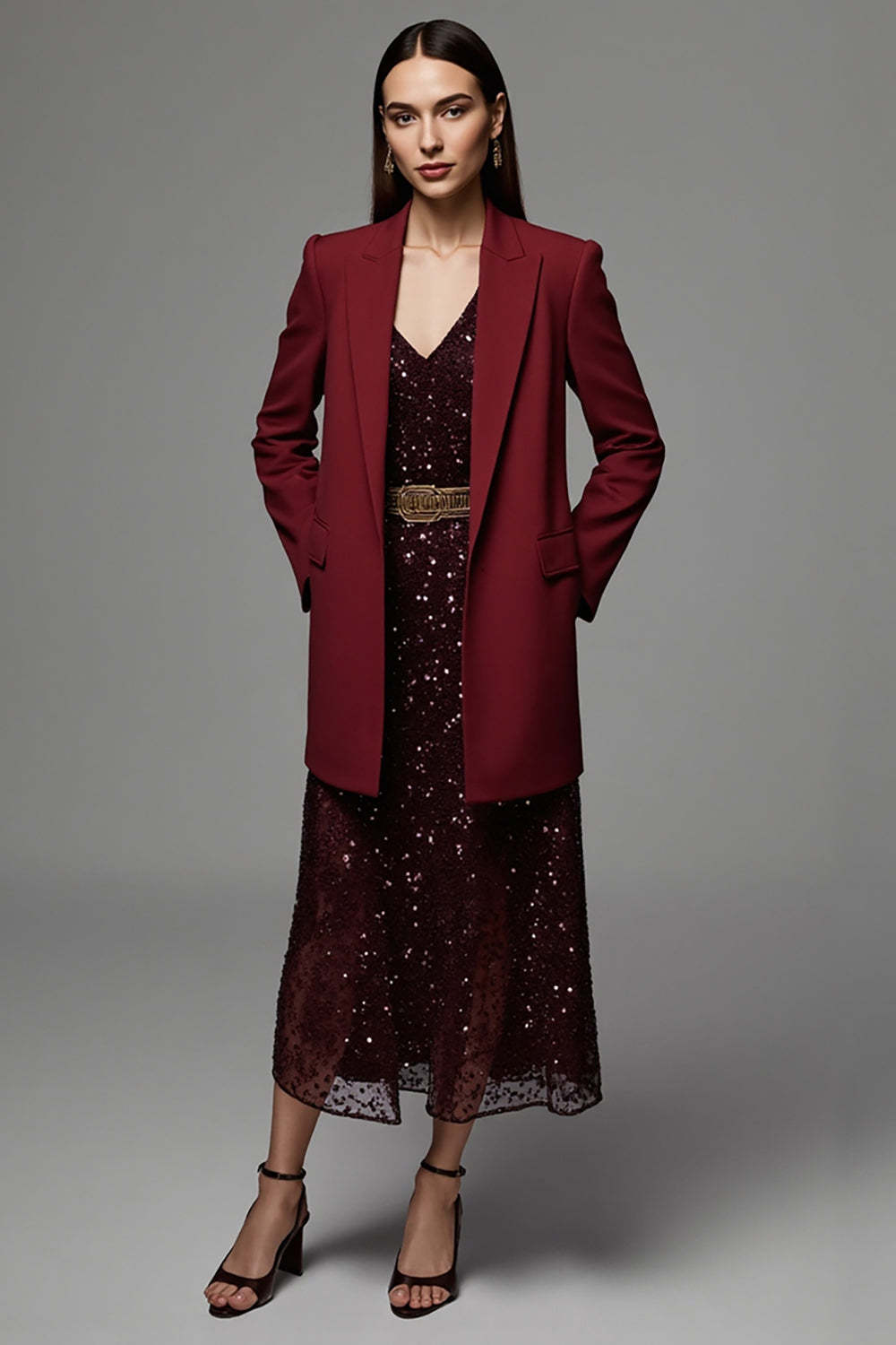 Leely Women Burgundy Peak Lapel Maxi Women Work Blazer with Pockets Long Sleeves Satin Business Jacket