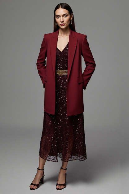 Leely Women Burgundy Peak Lapel Maxi Women Work Blazer with Pockets Long Sleeves Satin Business Jacket