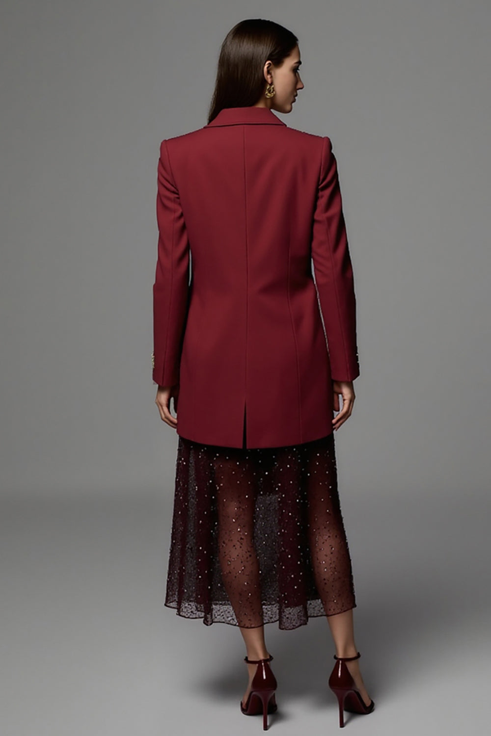 Burgundy Peak Lapel Maxi Satin Women Work Blazer with Pockets
