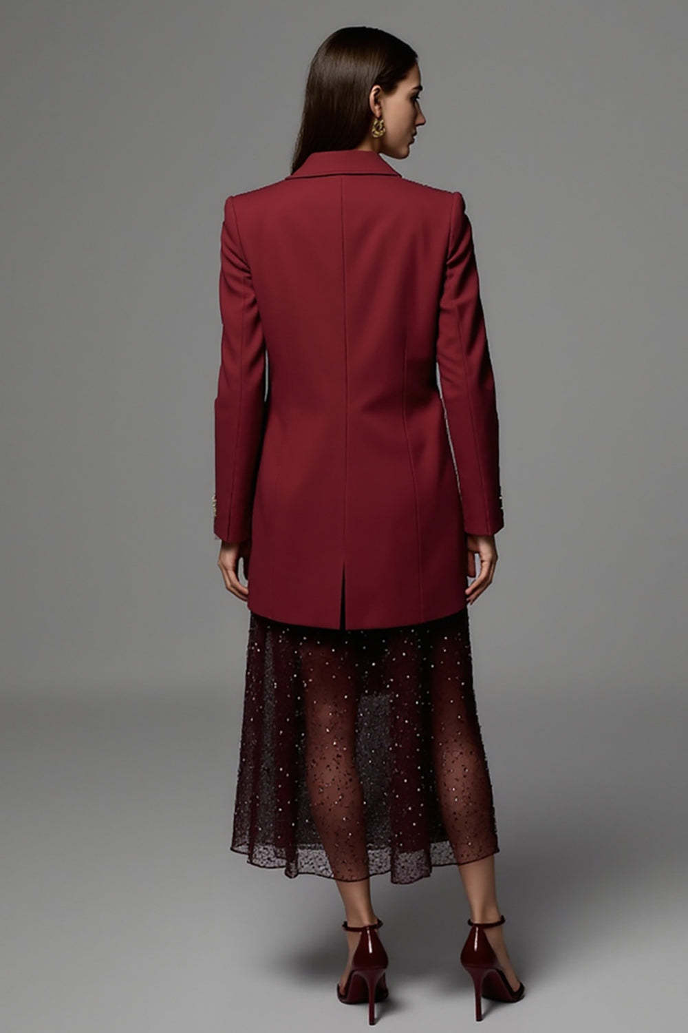 Burgundy Peak Lapel Maxi Satin Women Work Blazer with Pockets