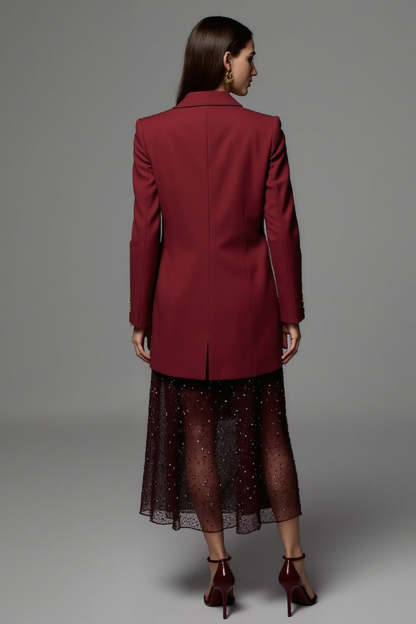 Burgundy Peak Lapel Maxi Satin Women Work Blazer with Pockets