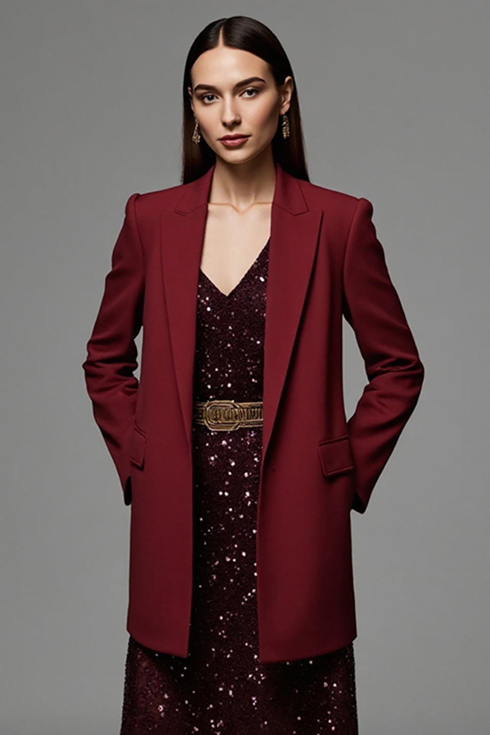 Burgundy Peak Lapel Maxi Satin Women Work Blazer with Pockets
