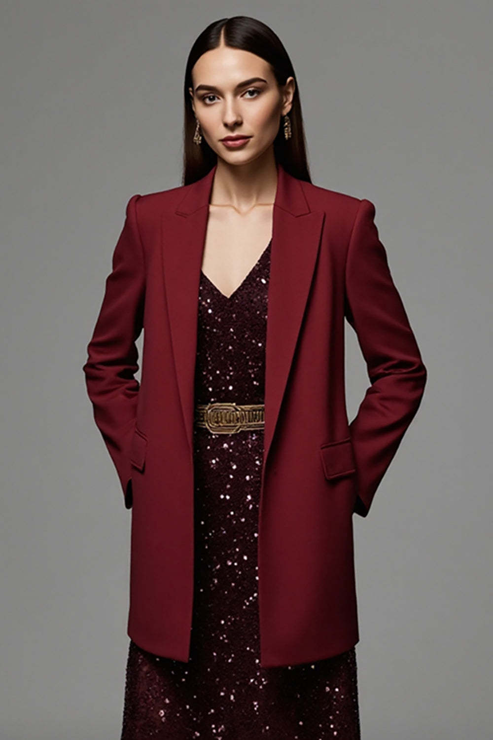 Burgundy Peak Lapel Maxi Satin Women Work Blazer with Pockets