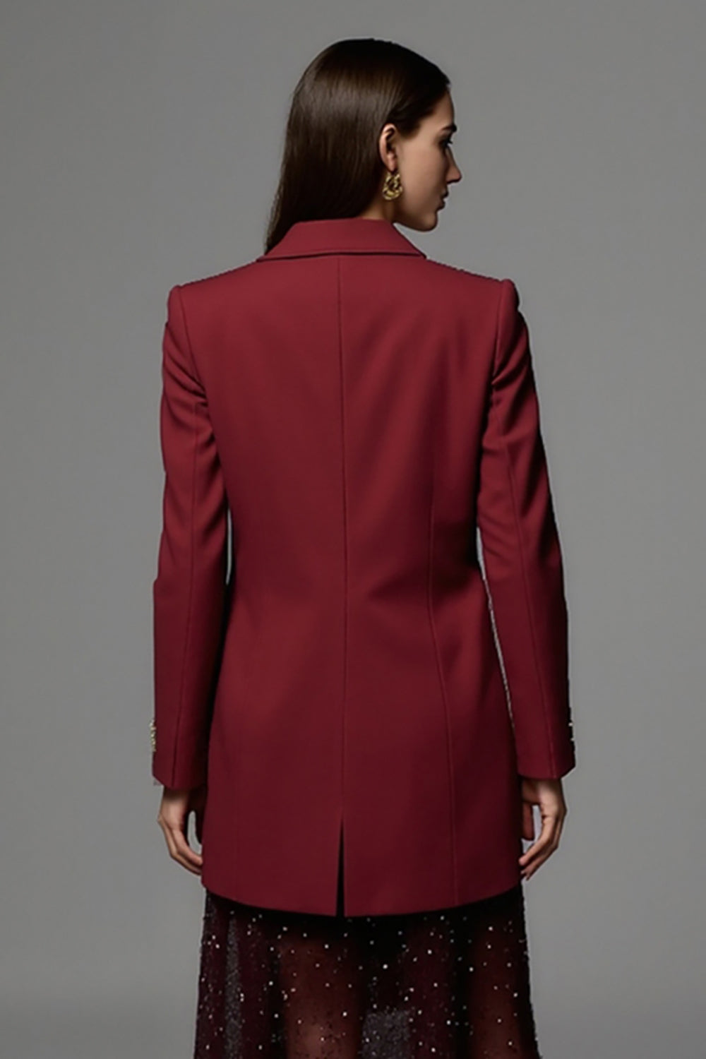 Burgundy Peak Lapel Maxi Satin Women Work Blazer with Pockets