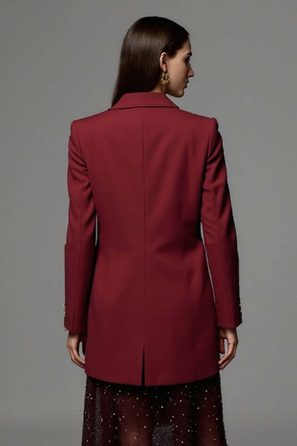 Burgundy Peak Lapel Maxi Satin Women Work Blazer with Pockets