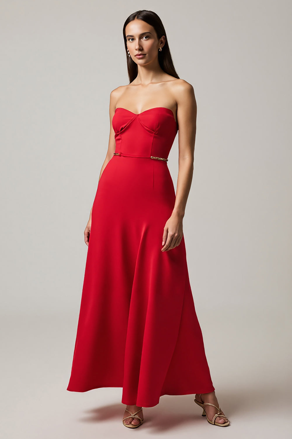 Elegant Red Satin A Line Strapless Maxi Formal Dress