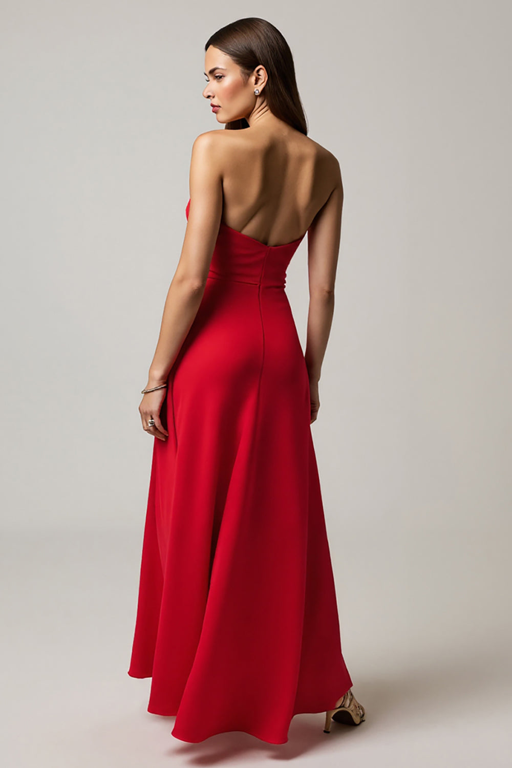 Elegant Red Satin A Line Strapless Maxi Formal Dress