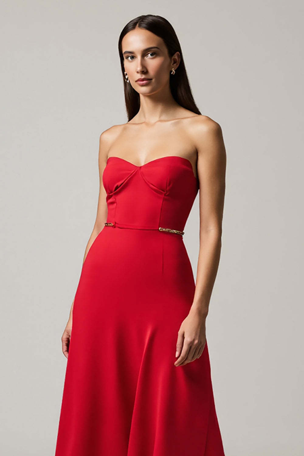Elegant Red Satin A Line Strapless Maxi Formal Dress