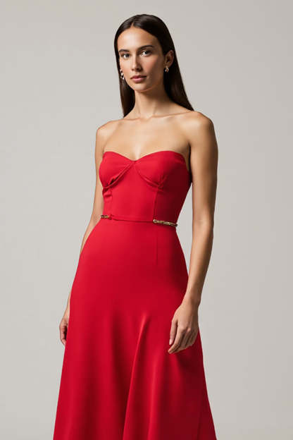 Elegant Red Satin A Line Strapless Maxi Formal Dress