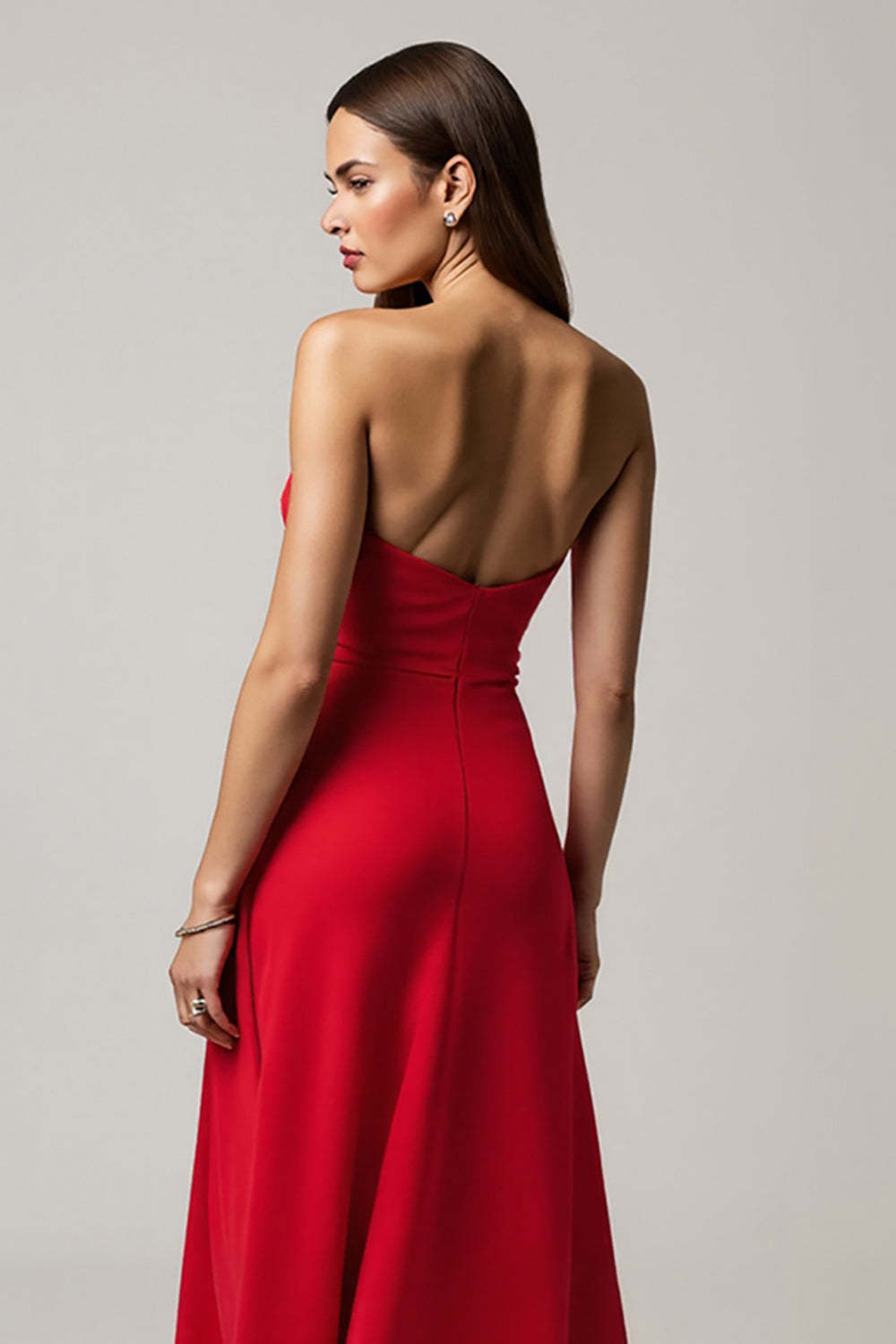 Elegant Red Satin A Line Strapless Maxi Formal Dress