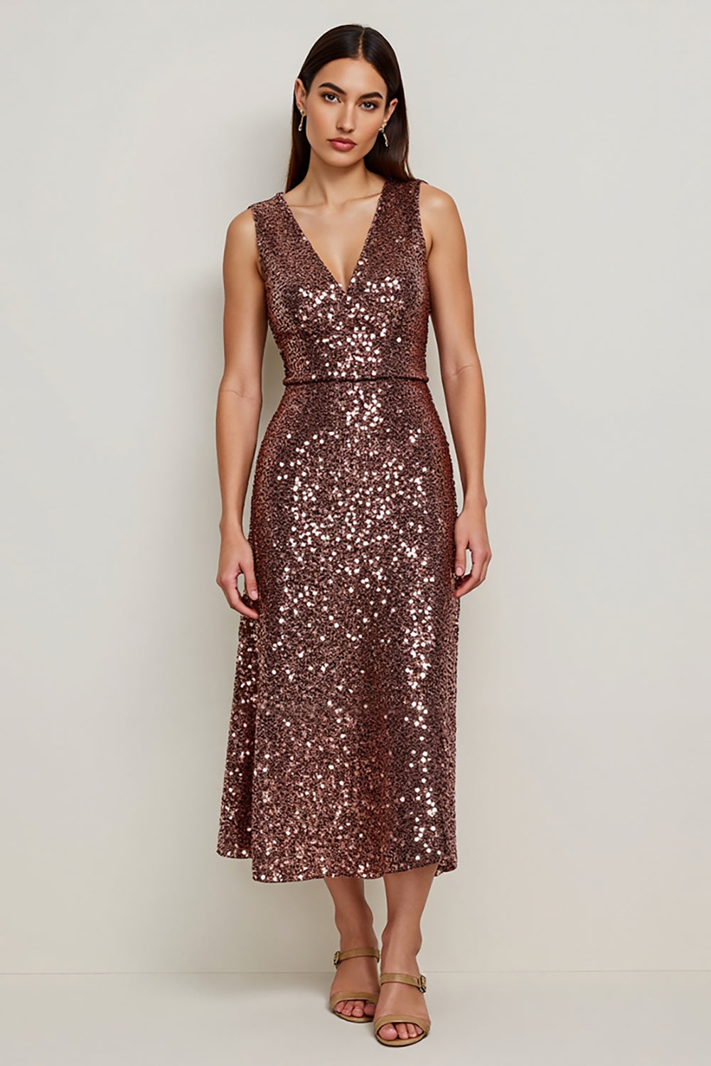 Sparkly Coffee Sequin V-Neck Maxi A Line Holiday Party Dress
