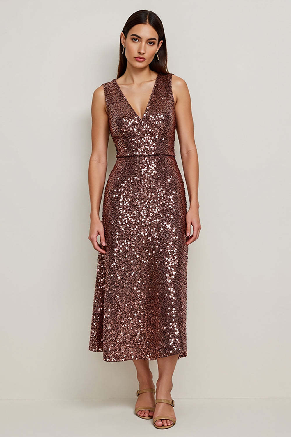 Leely Women Sparkly Coffee Sequin Maxi Holiday Dress Party V-Neck A Line Cocktail Dress