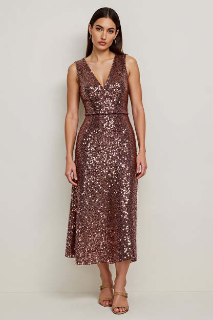 Leely Women Sparkly Coffee Sequin Maxi Holiday Dress Party V-Neck A Line Cocktail Dress