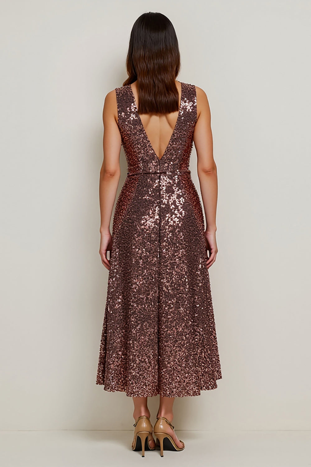 Sparkly Coffee Sequin V-Neck Maxi A Line Holiday Party Dress