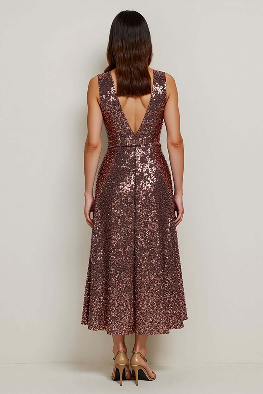Sparkly Coffee Sequin V-Neck Maxi A Line Holiday Party Dress