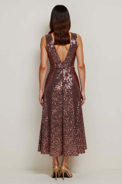 Sparkly Coffee Sequin V-Neck Maxi A Line Holiday Party Dress