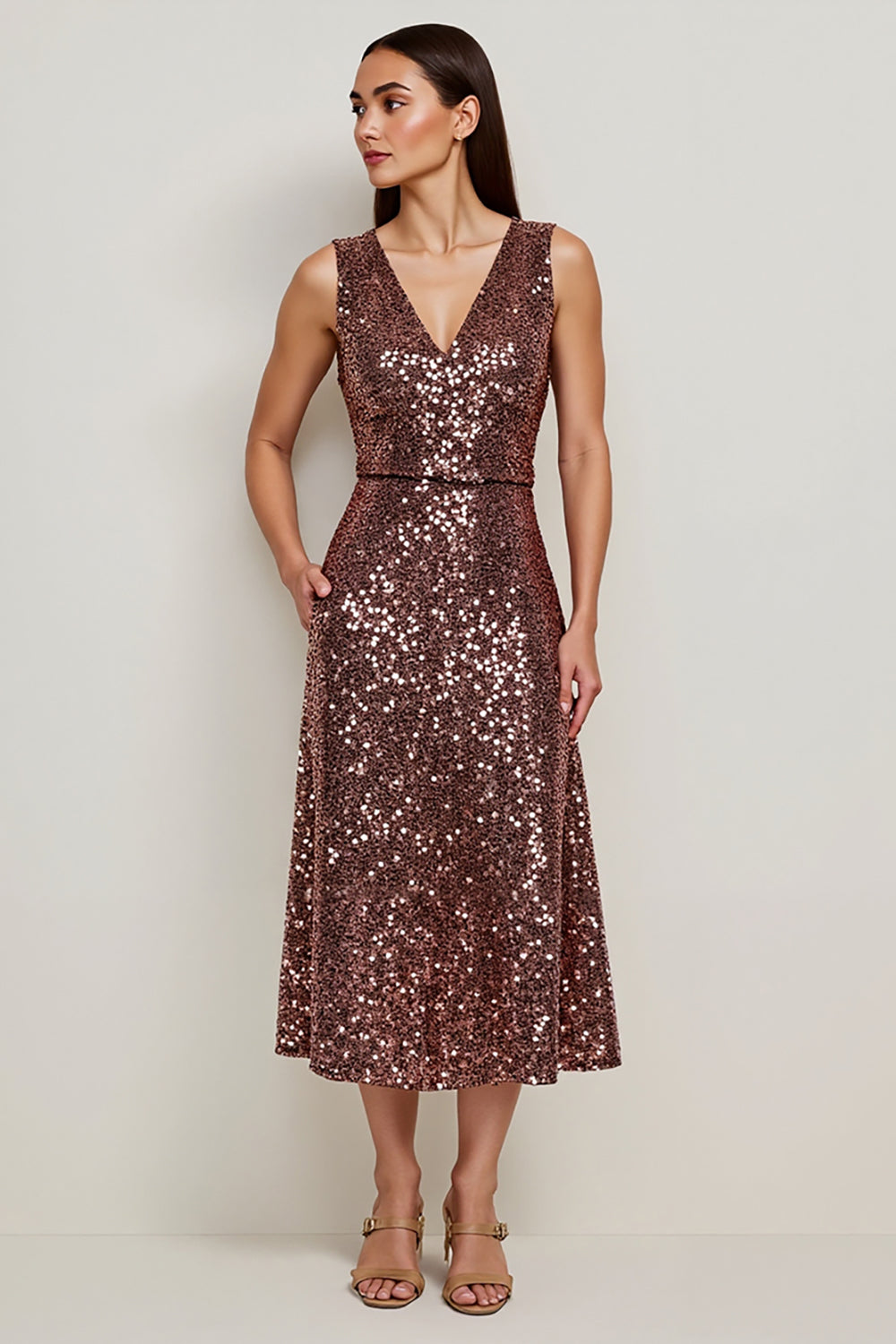 Sparkly Coffee Sequin V-Neck Maxi A Line Holiday Party Dress